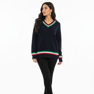NWT   POL Navy V-Neck Sweater with Colorful Trim Size Small